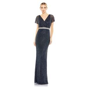 Mac Duggal 93678 Size 2 Midnight Blue Beaded Short Sleeve Evening Gown Dress NWT